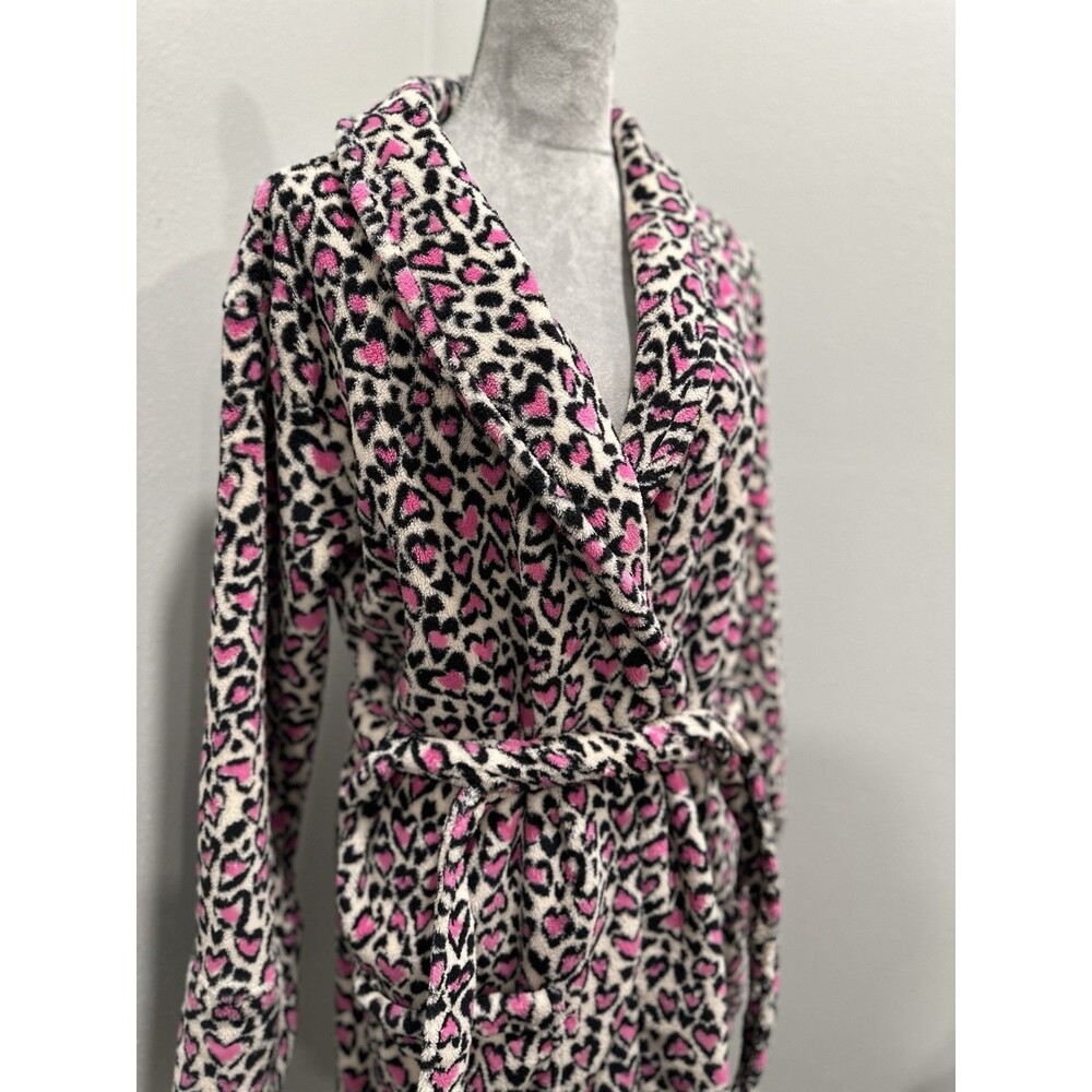 Victoria's Secret Womens Plush Robe Pink Leopard Hearts Print M/L M L Bath Pink